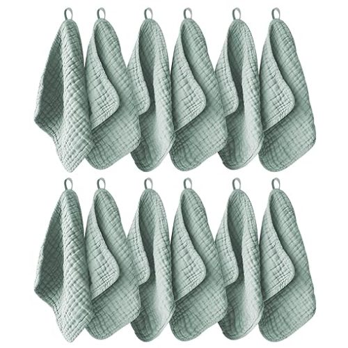 12 Pack Muslin Washcloths for Baby - 100% Cotton Baby Wash Cloths for or Baby Face Body Comfy and Soft for Newborn Infants Kids Girls and Boys - 12"x12" - Green