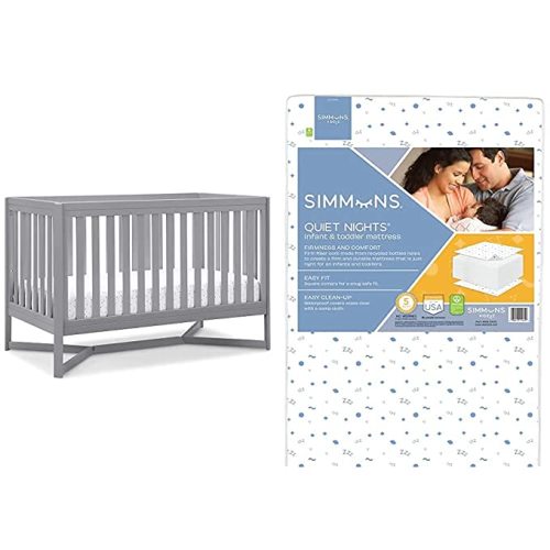 Tribeca 4-in-1 Baby Convertible Crib + Simmons Kids Quiet Nights Crib and Toddler Mattress Made from Recycled Water Bottles/GREENGUARD Gold Certified [Bundle], Grey - Crib + Mattress