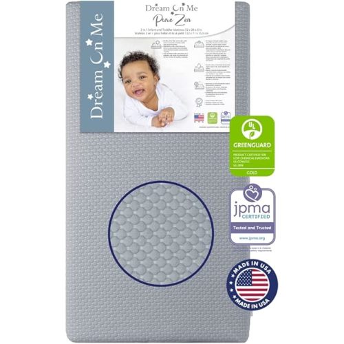 Dream On Me 2 in 1 Infant Crib and Toddler Bed Mattress, Greenguard Gold and JPMA Certified Crib Mattress, Copper-Infused Toddler Layer, Removable Zipper Cover, Pure Zen White and Grey