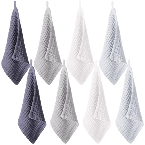 SmoothNovelty 8 Pcs Baby Washcloths for Newborn 12 x 12 Inch Muslin Face Towels Cotton Absorbent for Delicate Skin Soft Muslin Cloth Reusable Baby Registry as Shower Gift, 4 Colors (Classic Color)