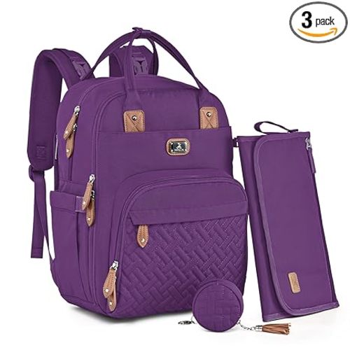 Dikaslon Diaper Bag Backpack with Portable Changing Pad, Pacifier Case and Stroller Straps, Large Unisex Baby Bags for Boys Girls, Multipurpose Travel Back Pack Moms Dads, Purple