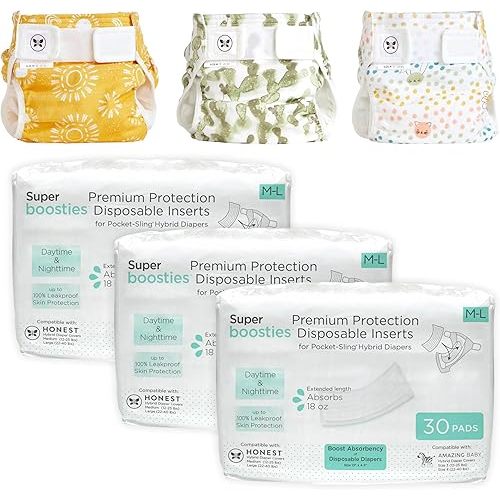 Super Boosties 90ct + Honest Hybrid Cloth Diaper Cover with Pocket-Sling, Medium (12-25 lbs), Stops Nighttime Leaks, Boosties Disposable Diaper Inserts, Honest Cotton Muslin Covers, 3 Pack