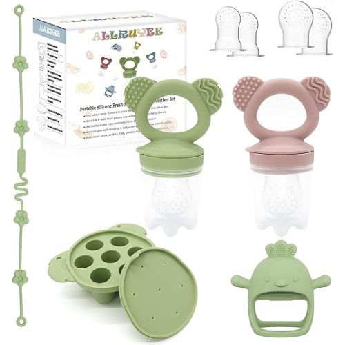 Baby Fruit Feeder & Mini Freezer Tray Combo with Baby Teether, Breastmilk Popsicle Molds for Teething Relief, Fresh Food Feeder for Safe Infant Self-Feeding, Extra Food Pouches(Pink&Green)