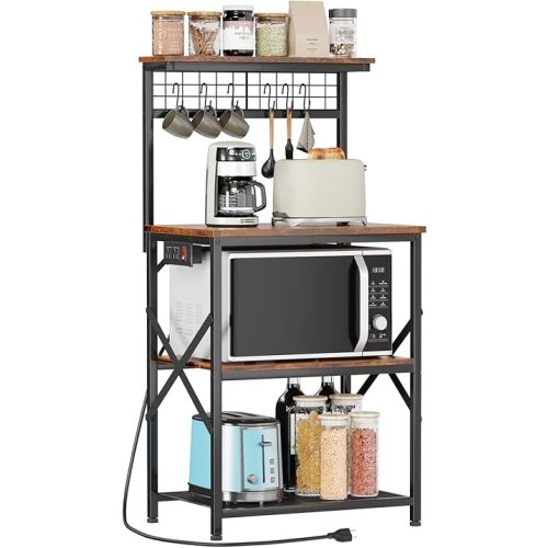 Furologee Kitchen Bakers Rack - (to be used for bottles and baby storage) with Power Outlet, Microwave Oven Stand with Storage 4 Tiers, Coffee Bar Table with 6 S Hooks, Kitchen Storage Shelf Rack for Spices, Pots, Rustic Brown