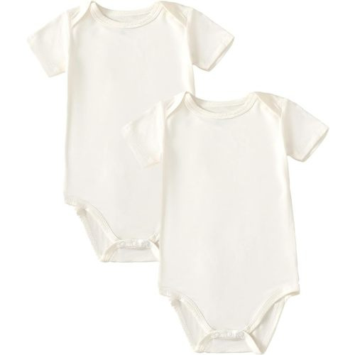 DEFAHN 2PCS Bamboo Baby Rompers Unisex Onsies Solid Short Sleeve Baby Bodysuit 0-24 Months - Ivory White - 3-6 Months