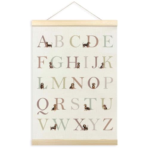 TLESKE Dachshund Alphabet ABC Chart Poster Hanger Frame, Homeschool Preschool Hanging Wall Art Decor for Dachshund Lover Toddler Kids Room Nursery Playroom, Wiener Dog ABC Print Picture Banner, 12x16