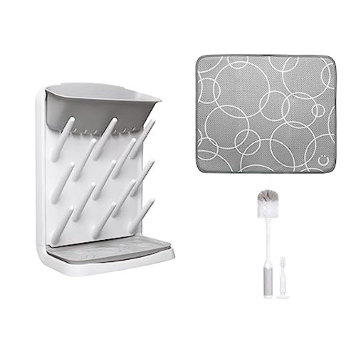 Ubbi Vertical Bottle Drying Rack, Bottle Brush & Microfiber Drying Mat Bundle, Newborn Baby Essentials, Baby Registry Must Haves, New Parent Gifts, Gray