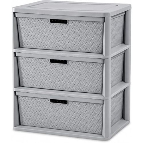 Wide 3-Drawer Plastic Storage Tower with Cross-Weave Removable Bins