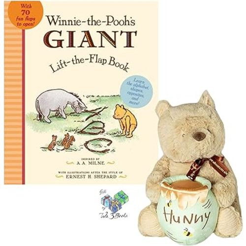 Disney Baby Winnie The Pooh Stuffed Animal Musical Gift Set Includes Classic Pooh Bear Musical Plush, Giant Lift The Flap Board Book, and Gift Book Bag (Music, Shapes, Colors, Numbers, Letters, Time)