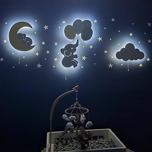 Nursery Lamp Set of 4 Moon, Cloud, Elephant, and Balloon, Baby Room Sign Wall Night Light Cloud Shape Gift Baby Montessori Bedroom Lamp Decor (Girls, Pink)