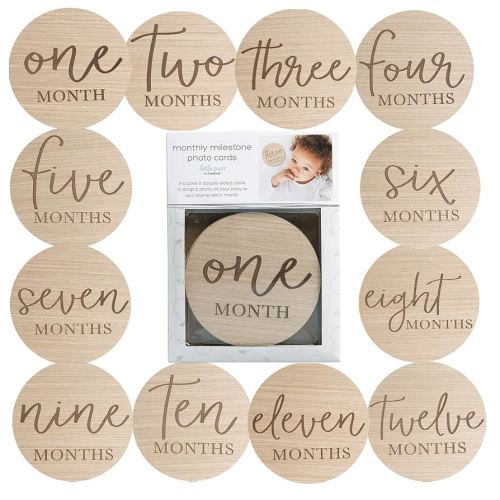 Wooden Milestone Photo Cards - Double-Sided Baby Announcement Discs, Ideal Photo Prop for Monthly Pregnancy Journey and Baby Milestones, 1-12 Months, Light Wood