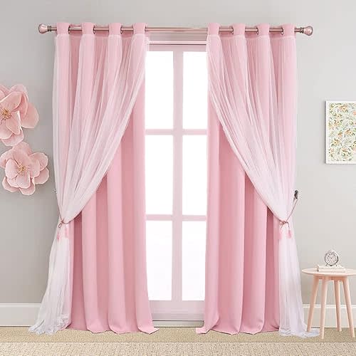 Short Pink Curtains 63 Inch Long- Blackout Curtains with Voile Sheer Drapes Thermal Pink Window Treatments with Tie-Backs for Kids/Girls Bedroom Nursery Living Room, Elegant, 2 Panels