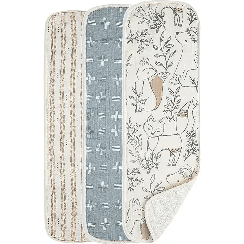 Crane Baby Soft Muslin Burp Cloth, Lightweight and Absorbent Burp Cloth for Boys and Girls, Woodland Animal, 3 Piece, 7” x 20”