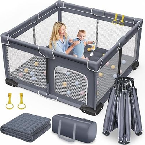 Foldable Baby Playpen with Mat, 50"x50" Folding Playpen for Babies and Toddlers, Sturdy Safety Play Yard with Gate, Portable Kid's Play Pen with Bag