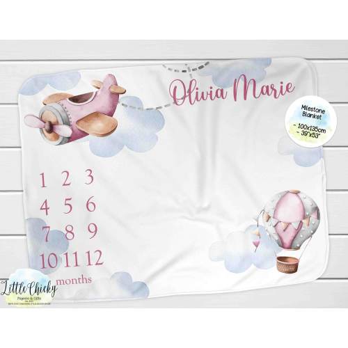 Personalized Pink Airplane & Hot Air Balloon Baby Milestone Blanket, Monthly Photo Blanket, Milestone Blanket, Keepsake Blanket, Baby Gift