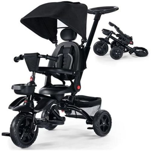 Kinder King 7 in 1 Kids Baby Stroller Tricycle Folding Toddler Trike w/Adjustable Push Handle, Black