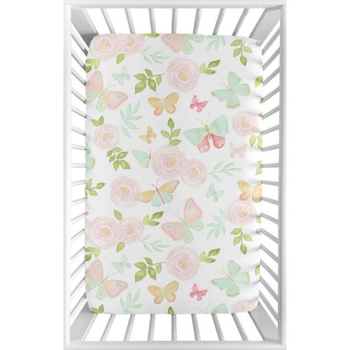 Sweet Jojo Designs Girl Baby Fitted Mini Crib Sheet Butterfly Floral Pink Green And White