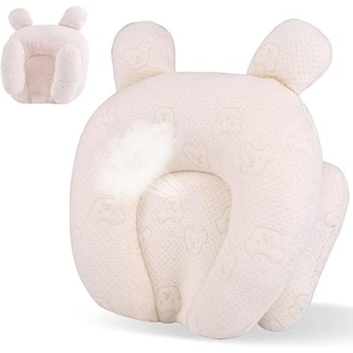 Portable Baby Pillow, Adjustable Cute Cartoon Bear Soft and Cozy Pillow, Ergonomic Design Soft Hypoallergenic Pillows for Newborn Babies Sleeping Prevent Flat Head