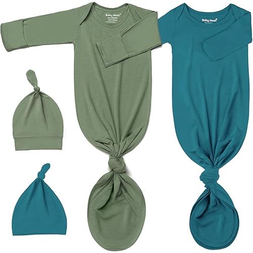 Super Soft Newborn Knotted Gown Set - Silky Infant Sleepwear with Long Sleeves, Includes Hat & Headband (2-Pack)