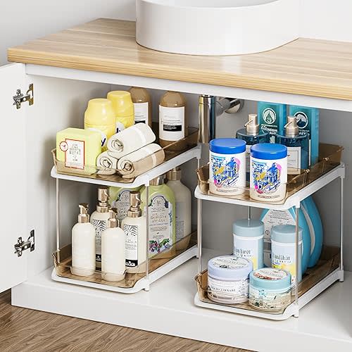 Delamu 2 Sets of 2-Tier Multi-Purpose Bathroom Under Sink Organizers and Storage, Stackable Kitchen Pantry Organization, Pull Out Medicine Cabinet Organizer with 8 Movable Dividers, Amber