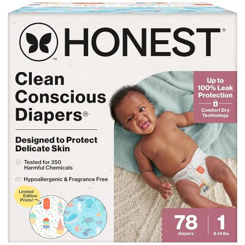 The Honest Company Clean Conscious Diapers for Sensitive Skin | Up to 100% Leakproof | Hypoallergenic, Fragrance Free | Summer '25 Limited Edition Prints | Club Box, Size 1 (8-14 lbs), 78 Count