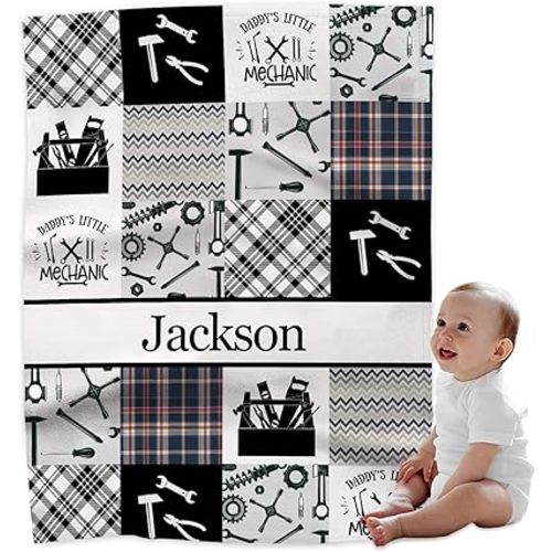 Personalized Baby Blankets – Custom Soft Flannel Fleece Blanket with Name, Nursery Bedding for Baby Boys, Newborn Keepsake, Mechanic