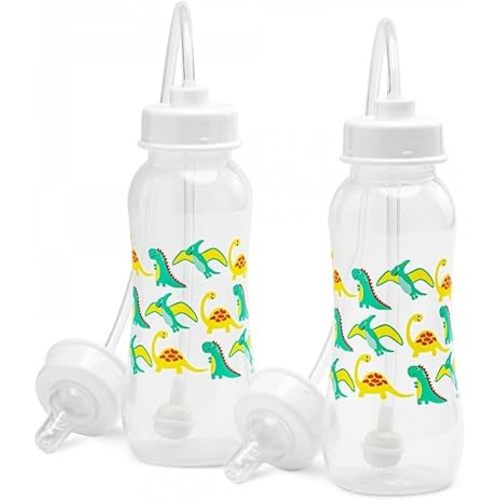 Hands-Free Baby Bottle - Anti-Colic Self Feeding 9 oz Baby Bottle Nursing System with Fast Flow Nipple/Teat 3m+ Infant (2 Bottles - Dinosaur)