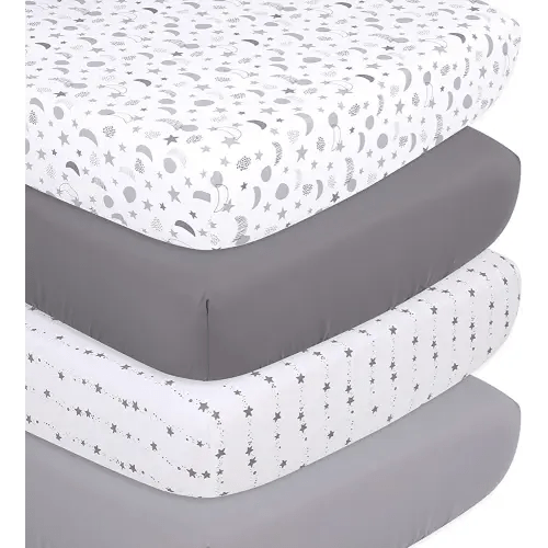 The Peanutshell Grey Moon & Stars Fitted Crib Sheet Set, Unisex 4 Pack Celestial Print, Grey & White
