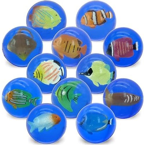 12 Pieces Bouncy Balls for Kids with Mini Fish, Rubber Bouncing Ball Toys with Marine Animals Inside, 1.7inch Party Favors and Goodie Bag Fillers for Boys and Girls, Super Bouncy Balls