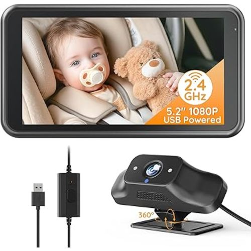BV5 No WiFi Baby Car Monitor, 5.2" 1080P USB Powered Plug and Play Setup, with IR Night Vision & 2.4GHz Stable Signal Car Seat Camera, Less Wiring for Baby Pet Safety, Ideal for SUV, RV & Van