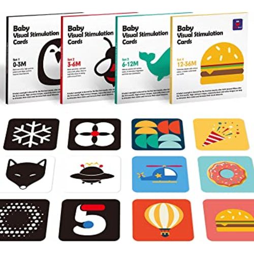 hahaland 4 in 1 High Contrast Baby Flash Cards for Visual Stimulation 80 Pcs, Black and White Visual Stimulus Baby Cards, Infant Newborn Baby Toys 0 3 6 Months Flashcards for 0 Months+(6'' x 6")