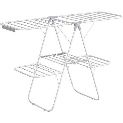 SONGMICS Clothes Drying Rack, Foldable 2-Level Laundry Drying Rack, Free-Standing Large Drying Rack, with Height-Adjustable Wings, 33 Drying Rails, Sock Clips, White and Gray ULLR053G01