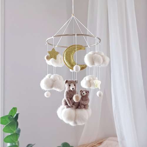 Bear mobile nursery Bear baby mobile boy Cloud mobile Bear crib mobile girl Space mobile Sky Gold star moon mobile Bear theme gift