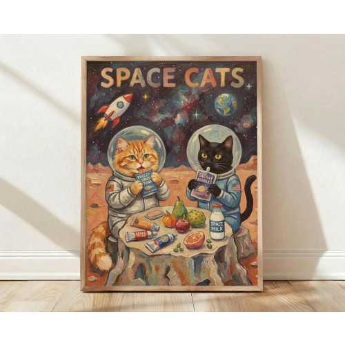 Space Cats Astronaut Poster, Galaxy Cosmic Wall Art Print, Whimsical Home Decor, Retro Illustration