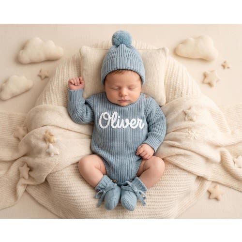 Hand Embroidered Name Baby Romper Set, Cotton Knit Ruffle Romper, Newborn Frilly Romper, Personalized Gift for Baby, Gender Neutral