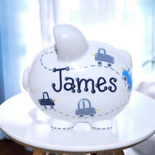 Hand Painted Cars & Trucks large piggy bank for boys Personalized Transportation gift with name keepsake for kids room or nursery