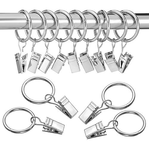 16 Pack Curtain Clips with Rings Premium Stainless Steel Window 1" Rod Clips Wmatte Silver Curtain Hooks for Standard Curtains, Hanging Drapery Drapes Bows (1.26 Inch Diameter)