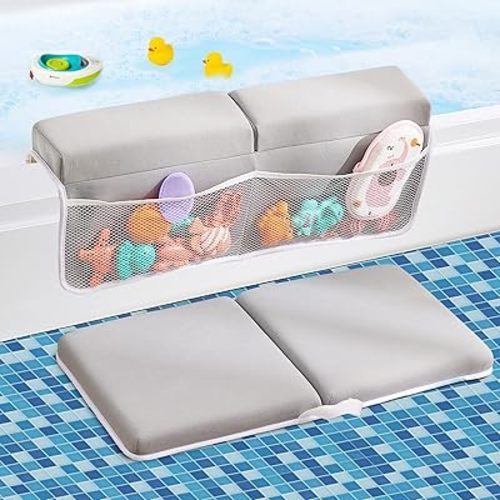 Baby Bath Kneeler and Elbow Rest Pad Set,Bath Kneeling Pad Thick Soft Quick Dry Baby Bathtub Mat for Baby Bathing Time,Baby Essentials Memory Foam with Toys Organizer Gifts for Parents,Grey