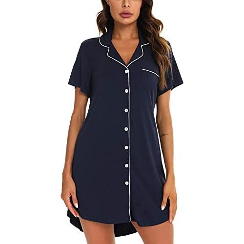 Samring Pajama Nightgown for Women Short/Long Sleeve Button Down Nightwear Top Boyfriend Sleep Shirts Nightdress S-XXL