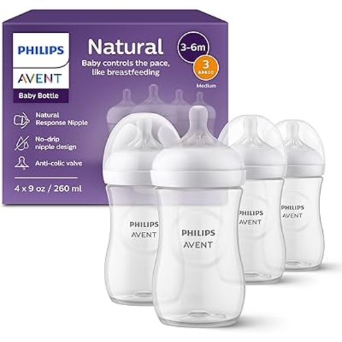Philips Avent Natural Baby Bottles with Natural Response Nipples (Medium Flow, Flow 3), 9oz, 4-Pack, SCY903/04