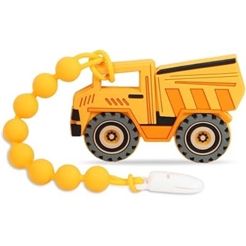 Baby Construction Vehicles Teething Toys,Food Grade Silicone Teether with One-Piece Pacifier Clip Holder,Shower Gift for 3 Months+ Boy and Girl,BPA Free,Freezer Safe. (Dump Truck)