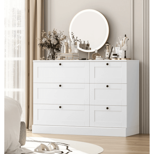 Homfa 6 Drawer White Double Dresser, Wood Storage Cabinet Chest of Drawers for Bedroom Living Room