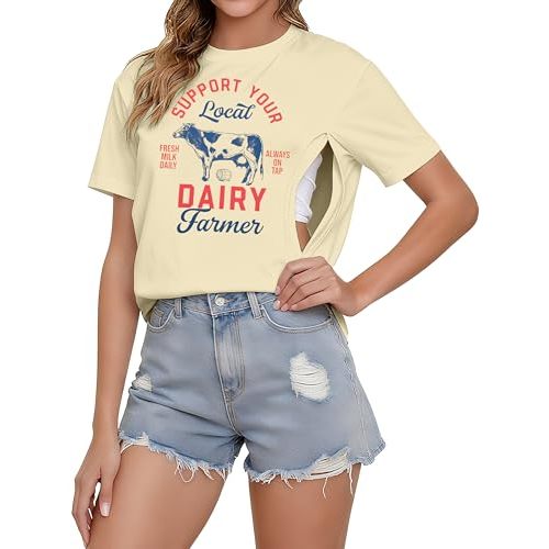 Comfort Breastfeeding Shirts for Women Zip Nursing Tops Causal Distressed Acid Washed Maternity Tees