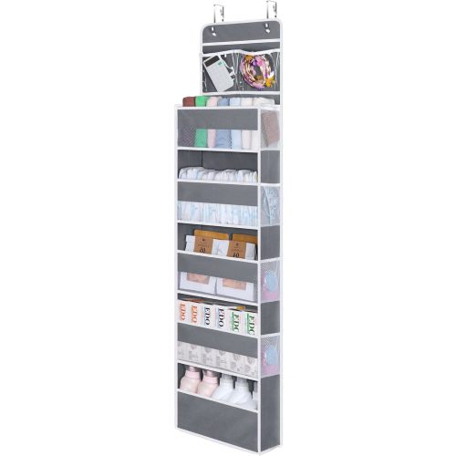 Univivi Over Door Hanging Organizer Storage with 5 Large Pockets and 2 Small PVC Pockets for Cosmetics Wall Hanging Storage Organizer for Pantry Baby Nursery Bathroom Closet Dorm(Grey)