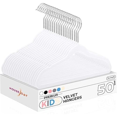 HOUSE DAY Kids Velvet Hangers 50 Pack, Durable Big Kids Hangers 14 Inch Hangers for Youth, Non Slip Kids Felt Hangers, Cute Childrens Hangers for Closet, Kids White Hangers