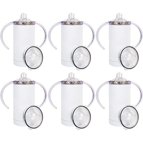 6 Pack Sublimation Blanks Sippy Cup Baby Bottle with Handles Straight Stainless Steel Insulated Skinny Tumblers with Splash proof Lid 12 oz Shatterproof Water Tumbler
