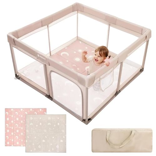 Joypony Baby Playpen with Mat, 50x50 in Small Play Pen for Babies, Toddler Playpen for Apartment, Indoors Play Yard with Soft Breathable Mesh (Beige with Mat)