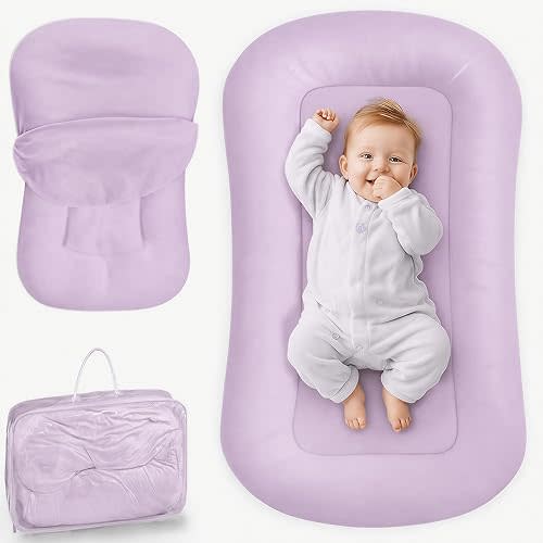 Infant Support Cushion - Baby Lounger for Newborn, 0-24 Months, Breathable Cotton Fabric Infant Support Cushion, Portable Newborn Essentials for Home and Travel, Purple (Cover Included)