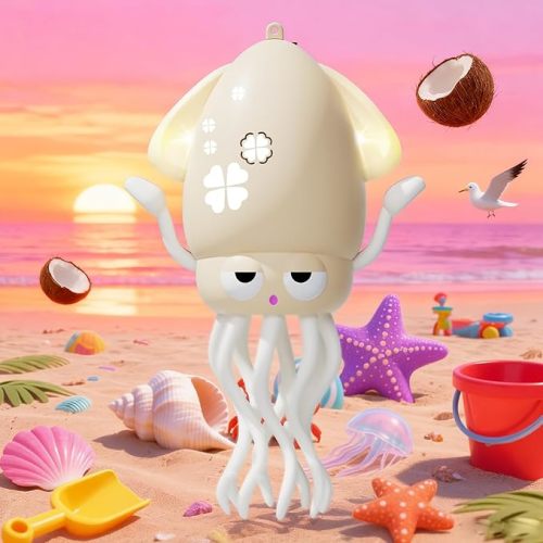 Interactive Dancing Octopus Toy,LED Light-Up Music Crawling Squid with Smart Obstacle Avoidance & Fishing Rod,Tummy Time Baby Toy,Musical Toy for 3 4 5 6 Year Old Boys and Girls(Off-White)
