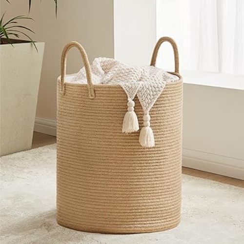Laundry Hamper Basket with Linen Lid, Woven Tall 58L Laundry Basket for Blanket Organizer- Nursery Hamper for Bedroom Storage